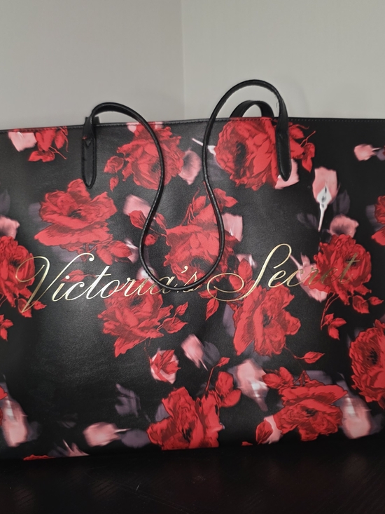 Victoria's Secret Handbags - Victoria's Secret Large Tote Bag Black Red Rose Floral Gold Logo Like New